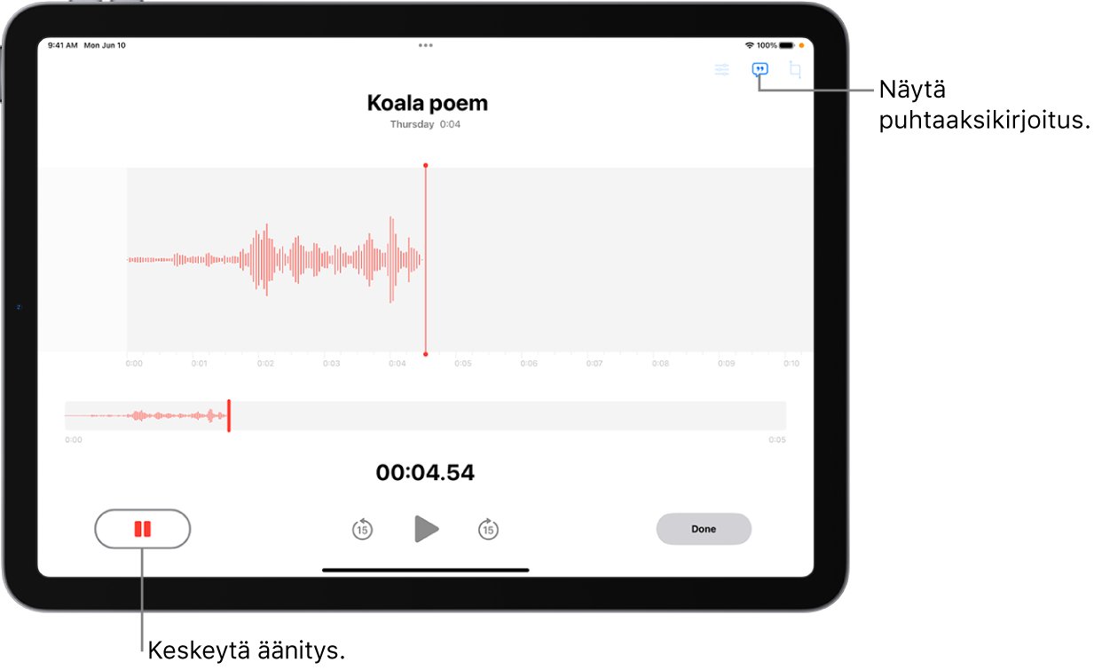 Sanelimen äänitys, kuvassa käynnissä olevan äänityksen aaltomuoto, ajan ilmaisin, painike äänityksen keskeyttämiseen ja painike tekstimuunnoksen katsomiseen.