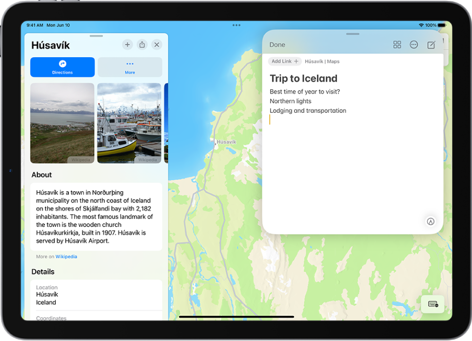 Pikamuistiinpano ikkunanäkymässä, jossa on Islannin kartta. Muistiinpanossa on tekstiä ja toiminto kartan linkittämiseksi.