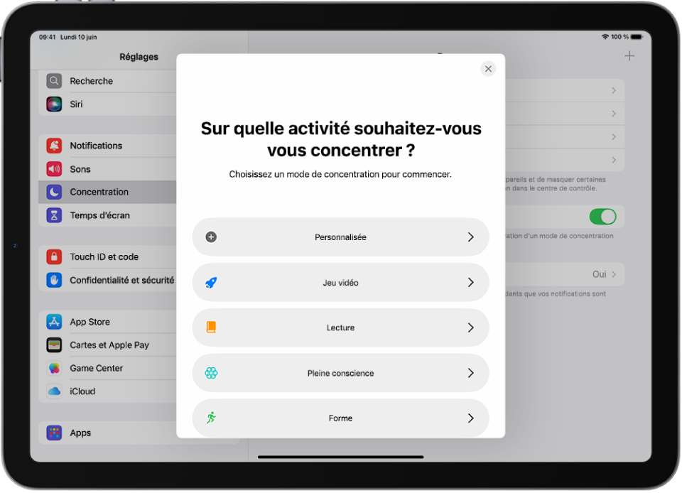 Un écran de configuration de Concentration pour les modes de concentration supplémentaires fournis, notamment Personnalisé, Sport, Jeu vidéo, Pleine conscience et Lecture.