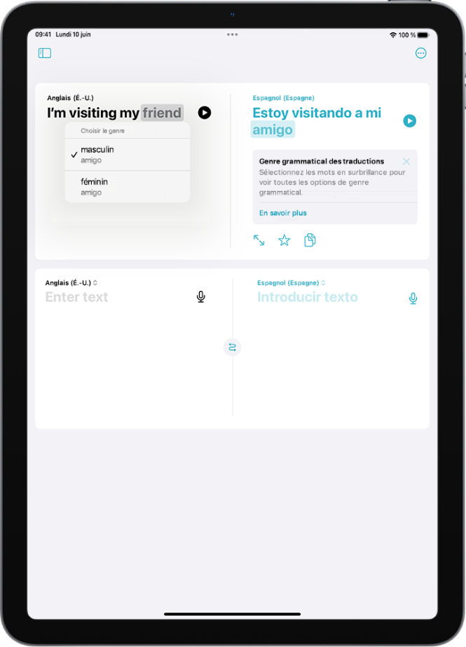 Onglet Traduction montrant une phrase traduite de l’anglais vers l’espagnol, avec en dessous un mot surligné en gris avec différentes variations de genre.