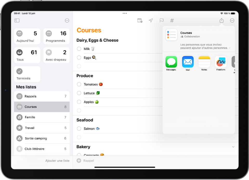 L’app Rappels, avec une liste de courses et des options de partage à droite.