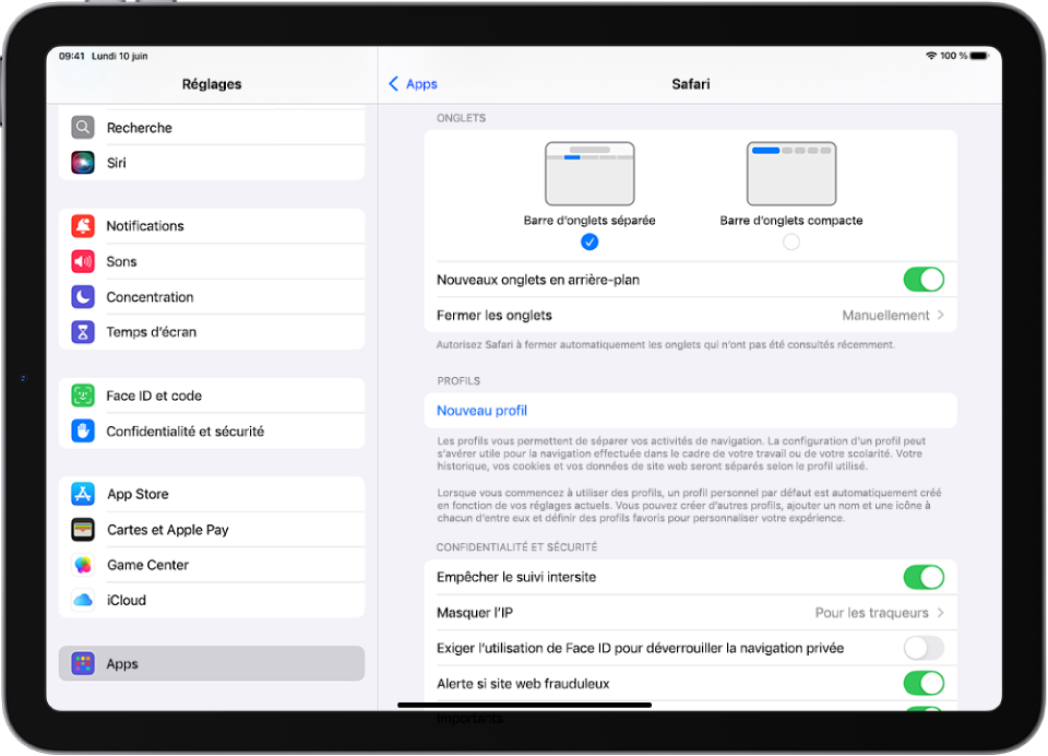 La fenêtre de l’app Réglages, avec (à gauche) l’option Apps sélectionnée dans la barre latérale et (à droite) une sous-fenêtre Safari présentant des options pour utiliser des onglets en haut.
