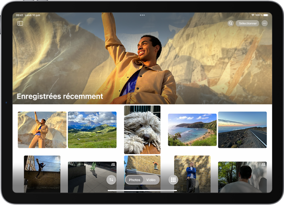La collection Enregistrées récemment est ouverte dans l’app Photos, présentant des photos et vidéos.