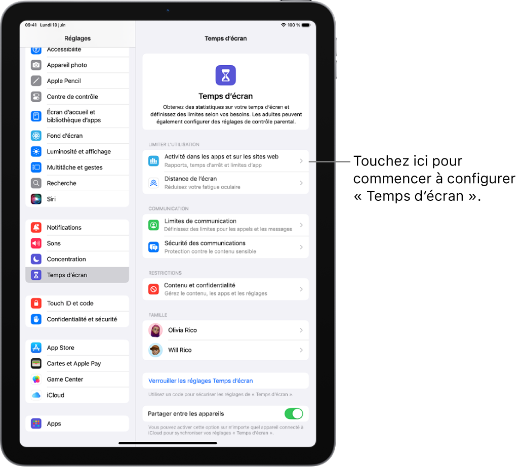 L’écran pour configurer « Temps d’écran » montrant que vous devez toucher « Activité dans les apps et sur les sites web » pour commencer.