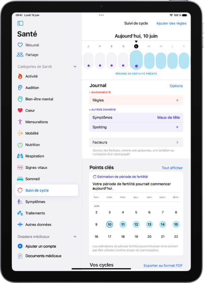 L’écran « Suivi de cycle » avec une chronologie vers le haut indiquant une période de fertilité estimée.