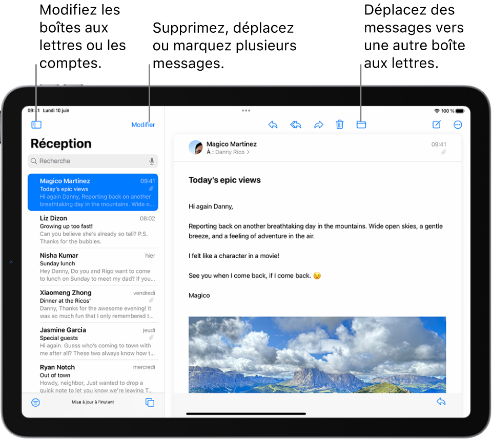 La boîte de réception de Mail avec la liste des e-mails sur la gauche et un e-mail ouvert sur la droite.