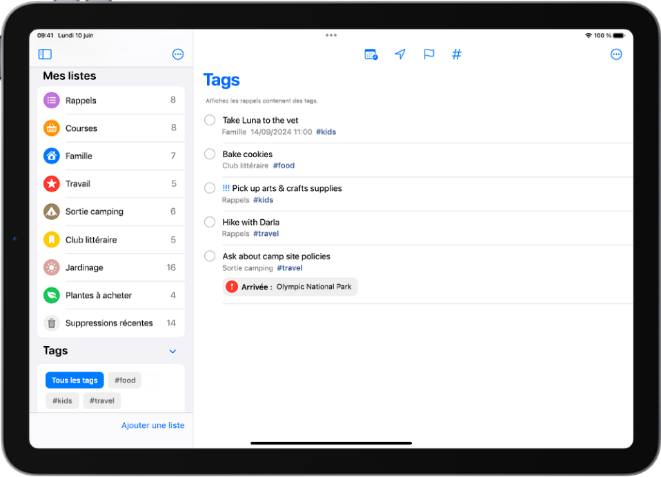 L’app Rappels affichant plusieurs listes, ainsi que le navigateur de tags à gauche. Sur la droite figure une liste de tous les éléments avec des tags.