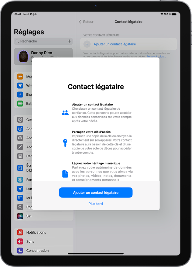 L’écran « Héritage numérique » avec des informations sur la fonctionnalité. Le bouton « Ajouter un contact légataire » se trouve en bas de l’écran.