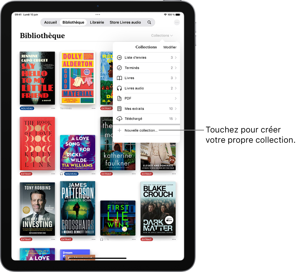 L’écran Bibliothèque dans l’app Livres. En haut de l’écran le menu Collections est ouvert et présente des options comme Livres audio et PDF.