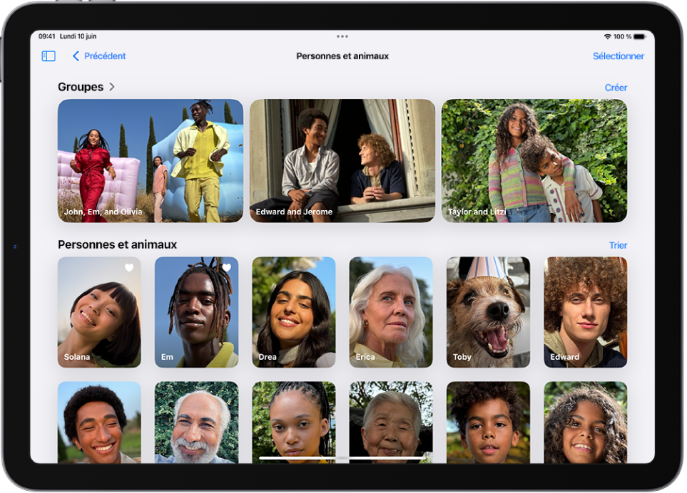 L’écran Personnes et animaux de l’app Photos. En haut de l’écran figure une rangée de groupes, avec des individus et des animaux en dessous.