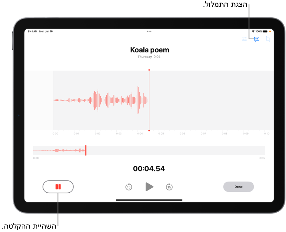 ניתן לראות שמתבצעת הקלטה של תזכורת קולית, ומוצגת צורת גל של ההקלטה שמתבצעת, יחד עם מחוון זמן, כפתור להשהיית ההקלטה וכפתור להצגת התמלול.