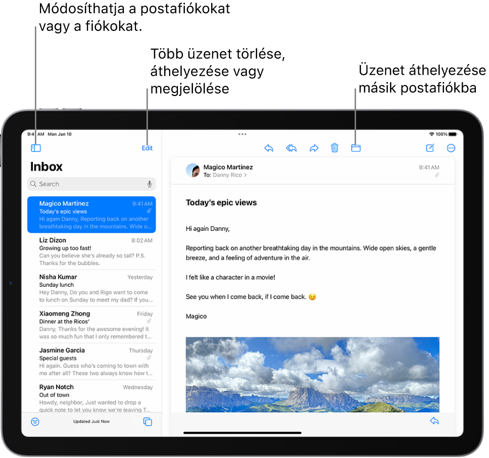 A Mail bejövő postafiókja, a bal oldalon az e-mailek listájával, a jobb oldalon pedig egy megnyitott e-maillel.