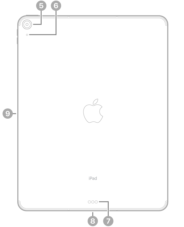 Az iPad Air hátulnézete, amelyen a feliratok a bal felső részen lévő hátoldali kamerára és mikrofonra, az eszköz aljának közepén lévő Smart Connectorra és USB-C-csatlakozóra, valamint az Apple Pencil bal oldalon lévő mágneses csatlakozójára mutatnak.