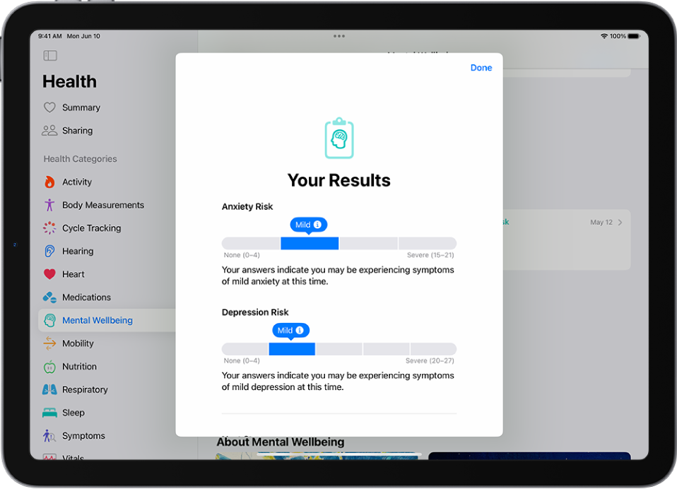 Layar di app Kesehatan yang menampilkan hasil dari kuesioner kesehatan mental.