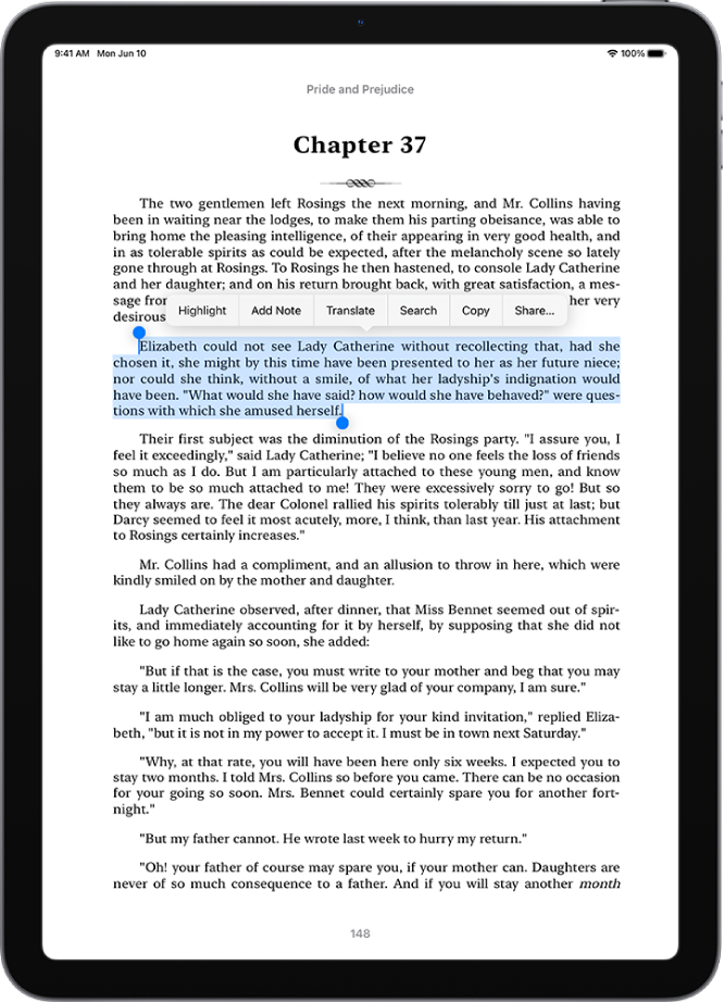 Halaman buku di app Buku, dengan bagian teks halaman yang dipilih. Tombol Sorotan, Tambah Catatan, Terjemahkan, Cari, Salin, dan Bagikan berada di atas teks yang dipilih.