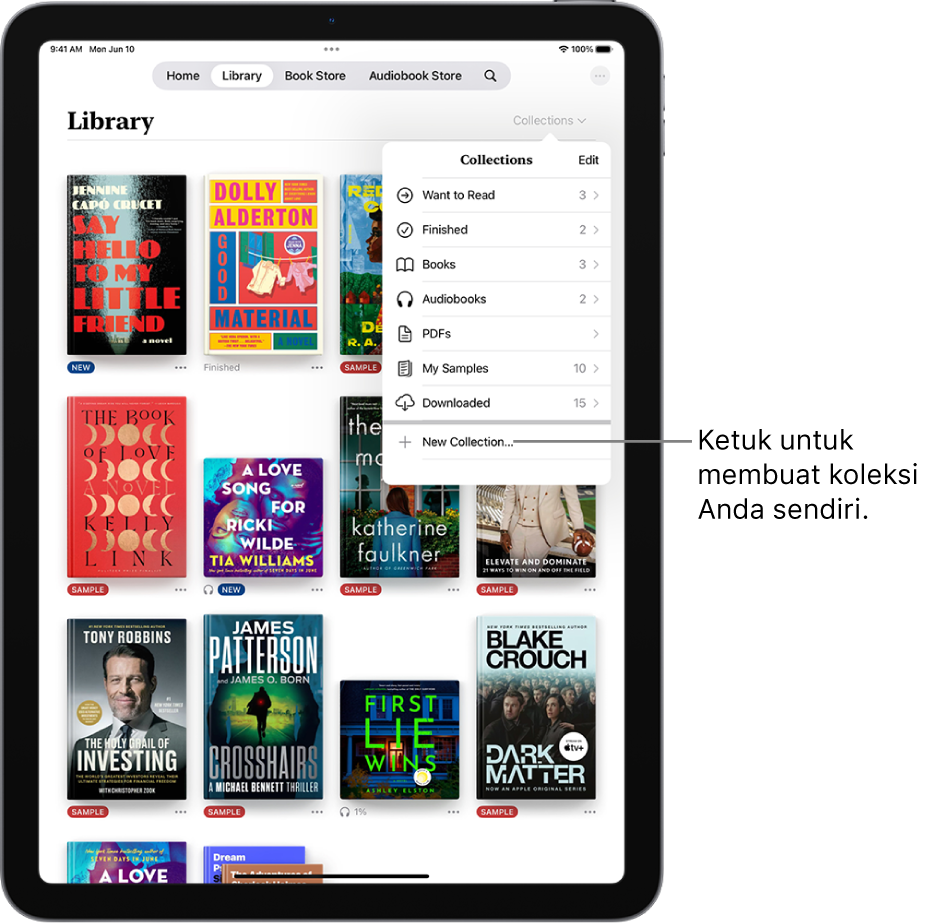 Layar Perpustakaan di app Buku. Di bagian atas layar, menu Koleksi terbuka dan menampilkan pilihan seperti Buku Audio dan PDF.