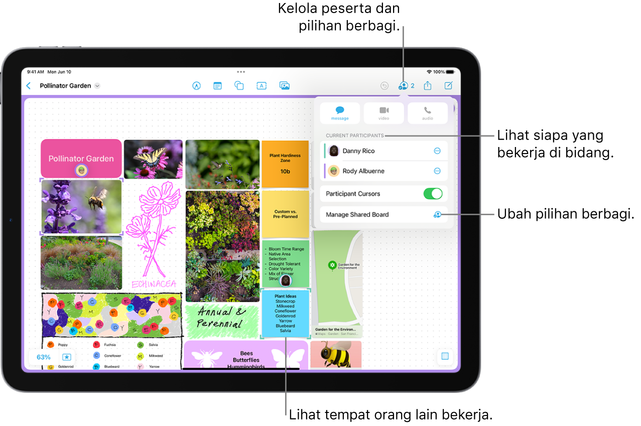 Bidang Freeform bersama di iPad dengan menu kolaborasi dibuka dan lokasi peserta lain di bidang yang ditandai dengan tanda titik ungu.