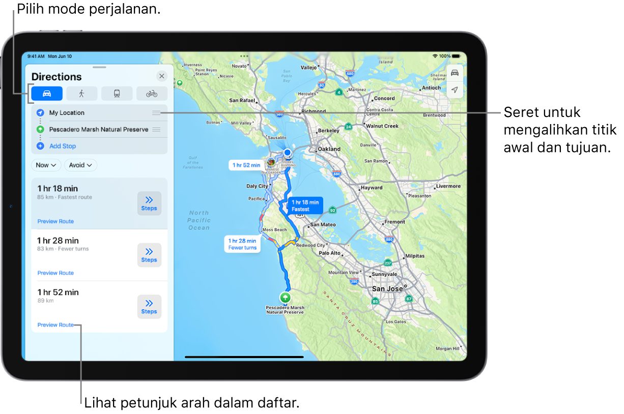 Peta dengan beberapa kemungkinan rute untuk petunjuk arah berkendara antara Lokasi Saya dan tujuan.