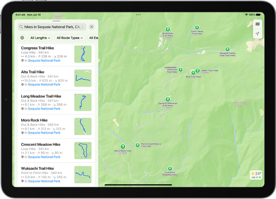 L’app Mappe con i risultati della ricerca delle percorsi di trekking in un parco nazionale.