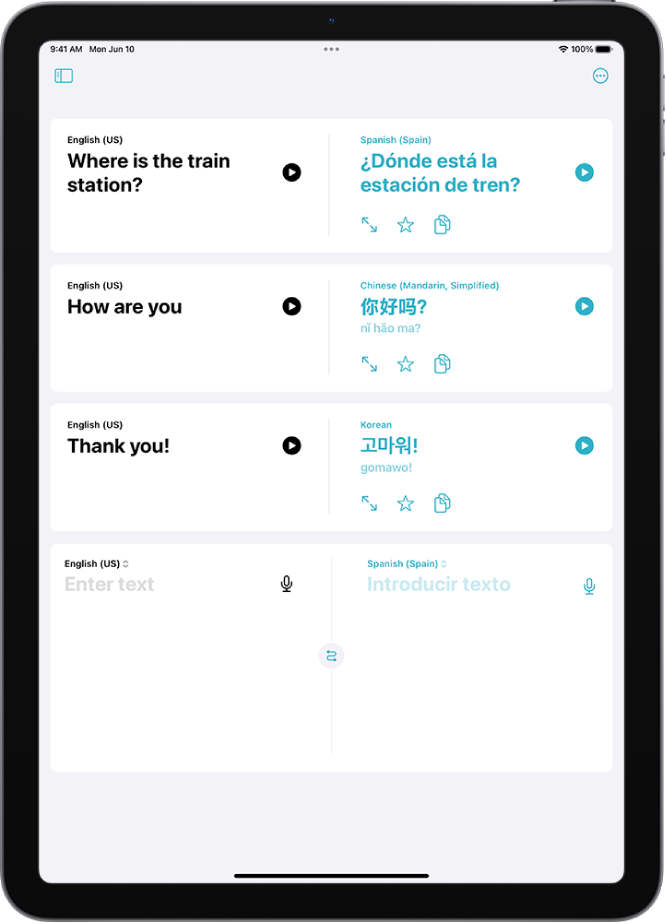 Il pannello di Traduci che mostra frasi tradotte dall’inglese allo spagnolo, dall’inglese al cinese mandarino e dall’inglese al coreano.