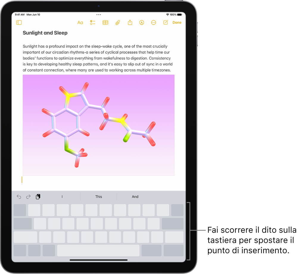 Nell’app Note è presente un documento aperto. Nella metà inferiore è presente la tastiera su schermo in modalità trackpad.