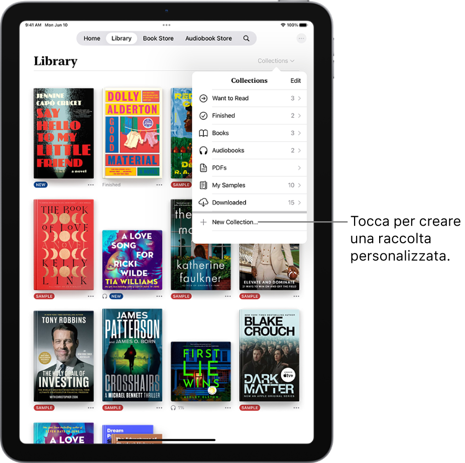 La schermata libreria nell’app Libri. Nella parte superiore dello schermo, il menu Raccolte è aperto e vengono mostrate opzioni come gli audiolibri e i PDF.