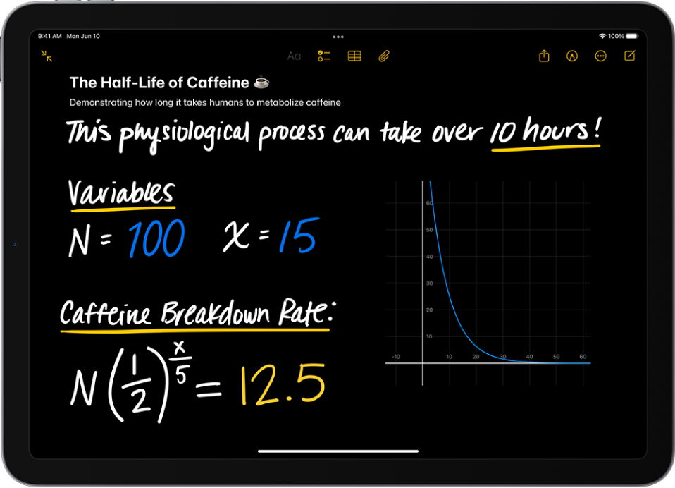 Alcune note matematiche nell’app Calcolatrice su iPad con le variabili dichiarate, una equazione e un disegno.