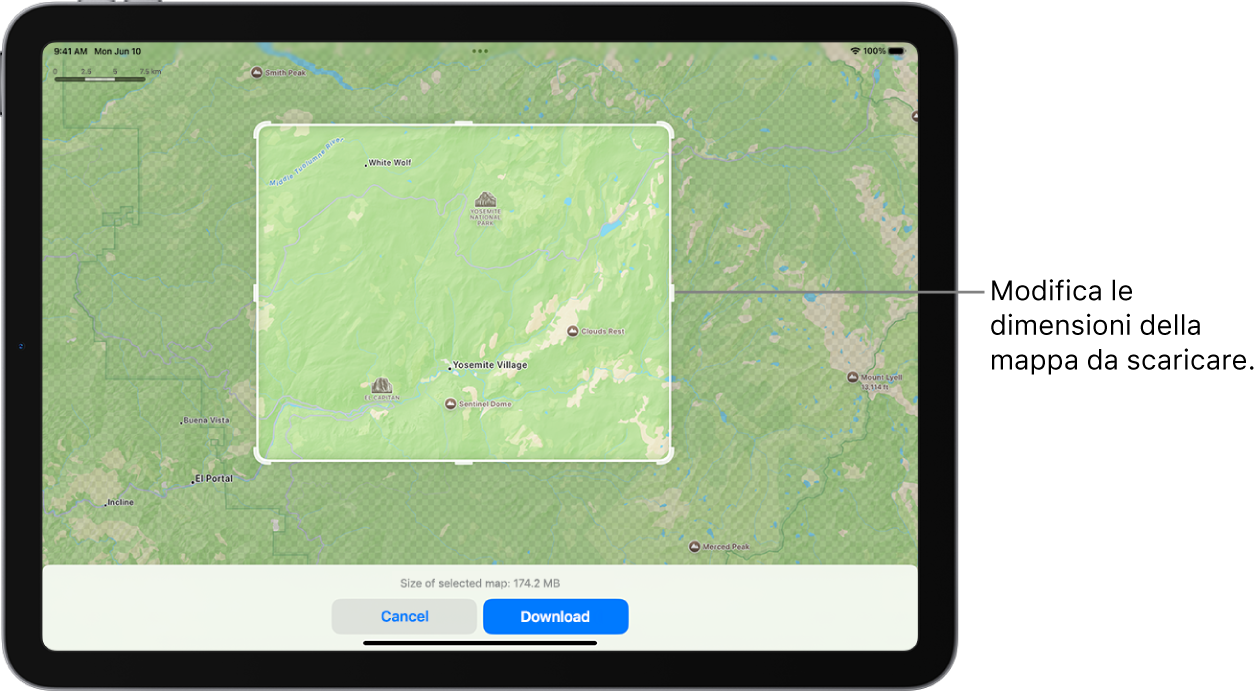 La mappa di un parco nazionale su iPad. Il parco è incorniciata all’interno di un rettangolo con delle maniglie, che possono essere spostate per modificare le dimensioni della mappa da scaricare. Le dimensioni del download della mappa selezionata sono indicate nella parte inferiore della mappa. Nella parte inferiore dello schermo sono presenti i pulsanti Annulla e Download.