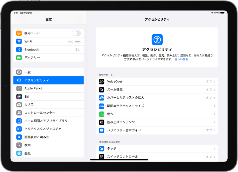 「設定」の画面。「VoiceOver」、「バリアフリー音声ガイド」、「スイッチコントロール」などのアクセシビリティのオプションが表示されています。