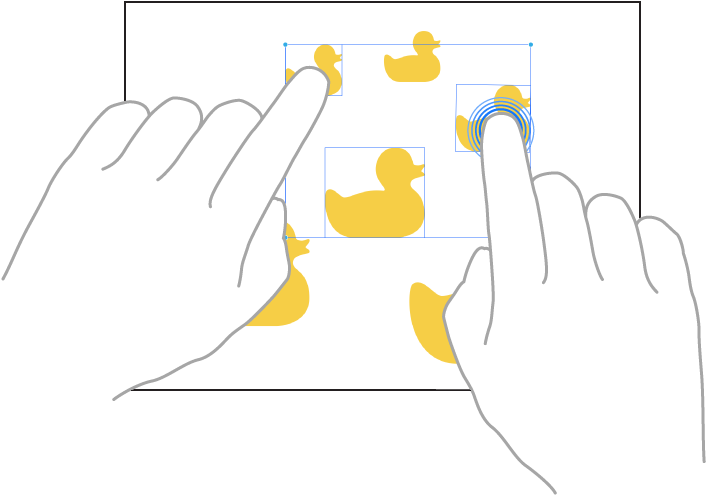 Freeform қолданбасында элементтерді таңдап жатқан екі саусақ.