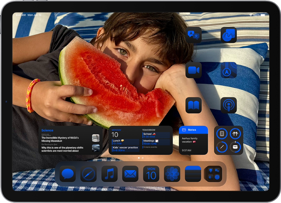 iPad 홈 화면. 화면 하단 및 측면 가장자리에 같은 색으로 앱이 표시되고 배경 사진의 색상을 보완함.