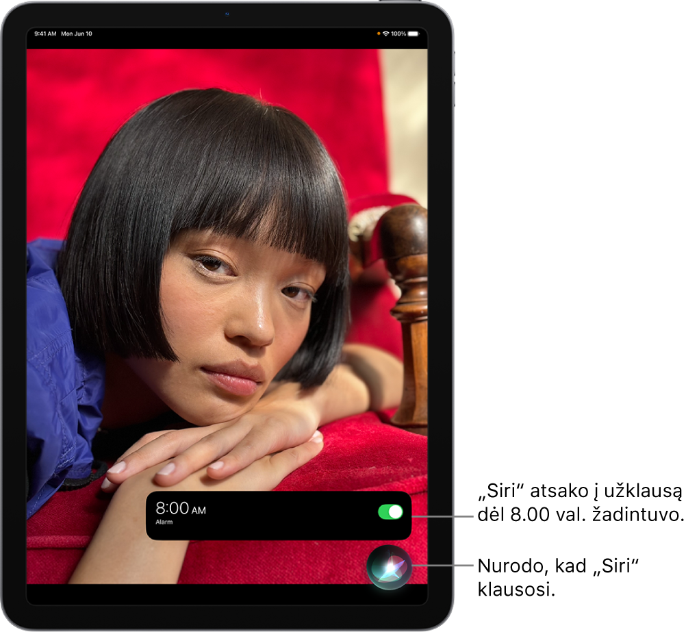 „iPad“ ekranas. Šalia ekrano apačios programos „Laikrodis“ pranešimas rodo, kad žadintuvas nustatytas skambėti 8:00 val. Piktograma po pranešimu nurodo, kad „Siri“ klausosi.