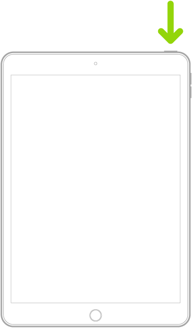 iPad dengan butang Utama. Anak panah menunjuk ke butang atas.