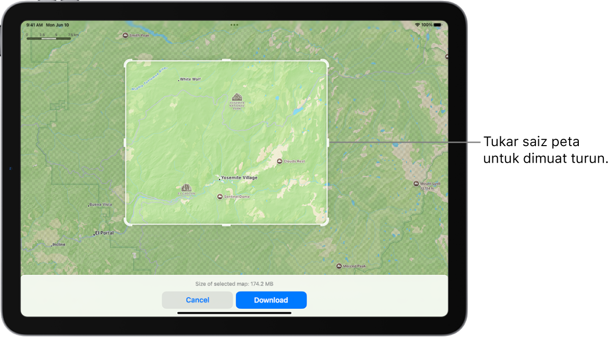 iPad dengan peta taman negara. Taman dibingkaikan oleh segi empat tepat dengan pemegang, yang boleh dialihkan untuk menukar saiz peta untuk dimuat turun. Saiz muat turun peta yang dipilih ditunjukkan berdekatan bahagian bawah peta. Butang Batal dan Muat Turun berada di bahagian bawah skrin.