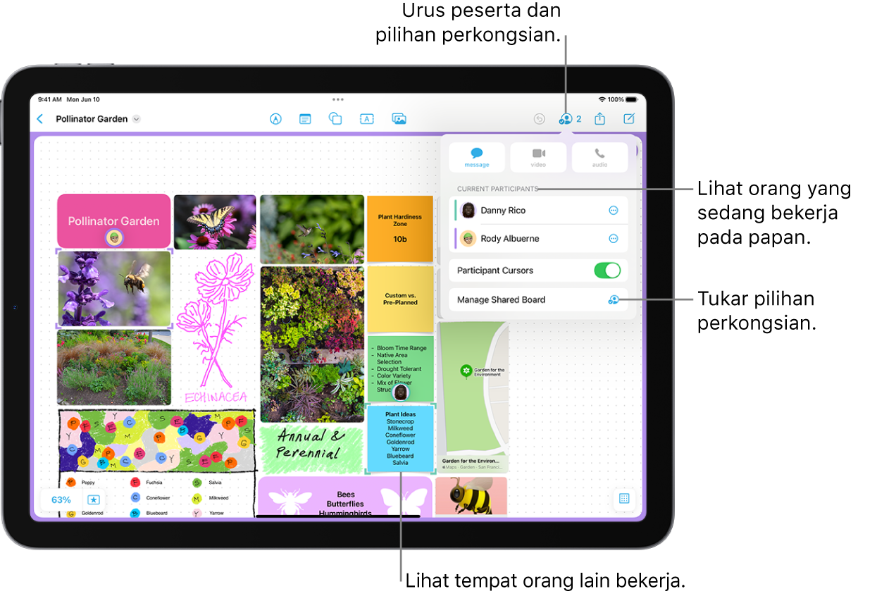 Papan Freeform dikongsi pada iPad dengan menu bekerjasama dibuka dan lokasi peserta lain pada papan ditandakan dengan tanda semak ungu.