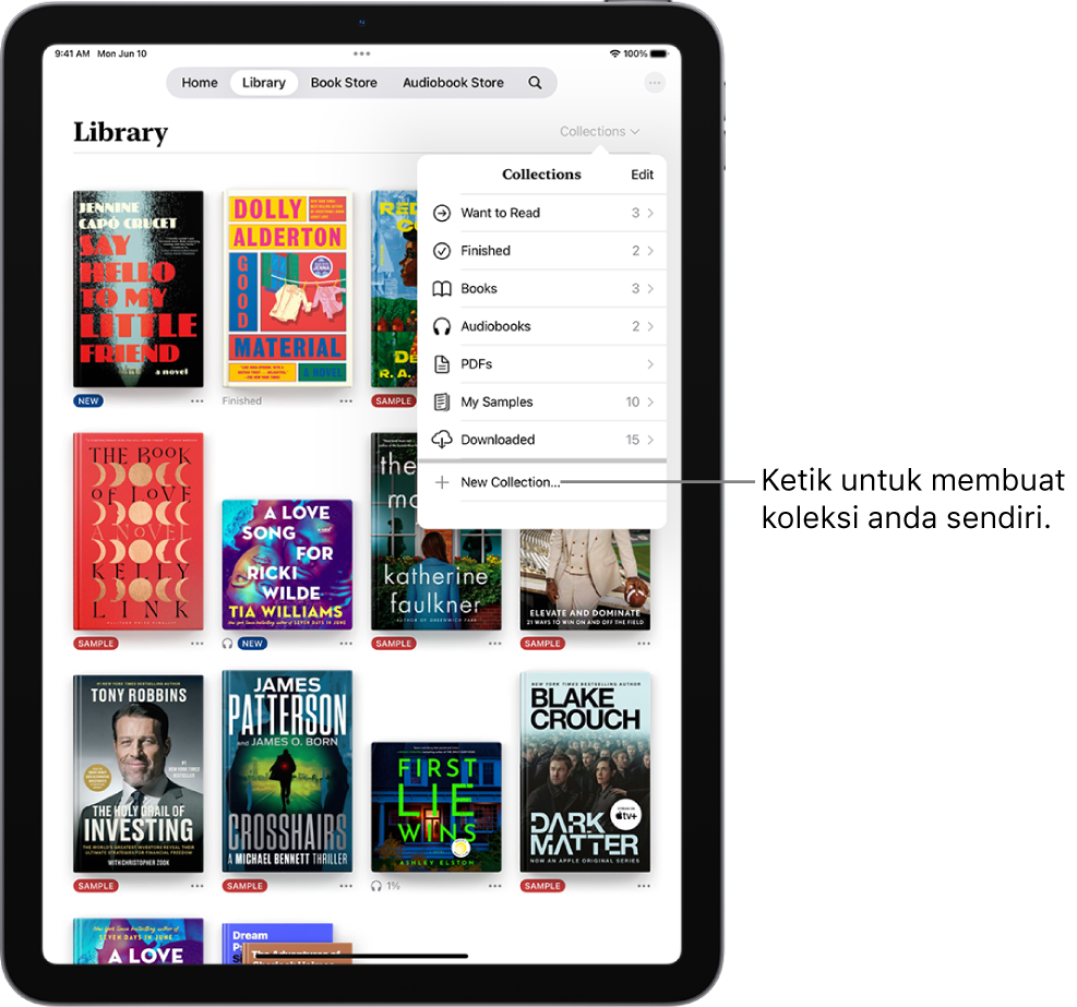 Skrin Pustaka dalam app Buku. Di bahagian atas skrin, menu Koleksi dibuka dan menunjukkan pilihan seperti Audio Buku dan PDF.