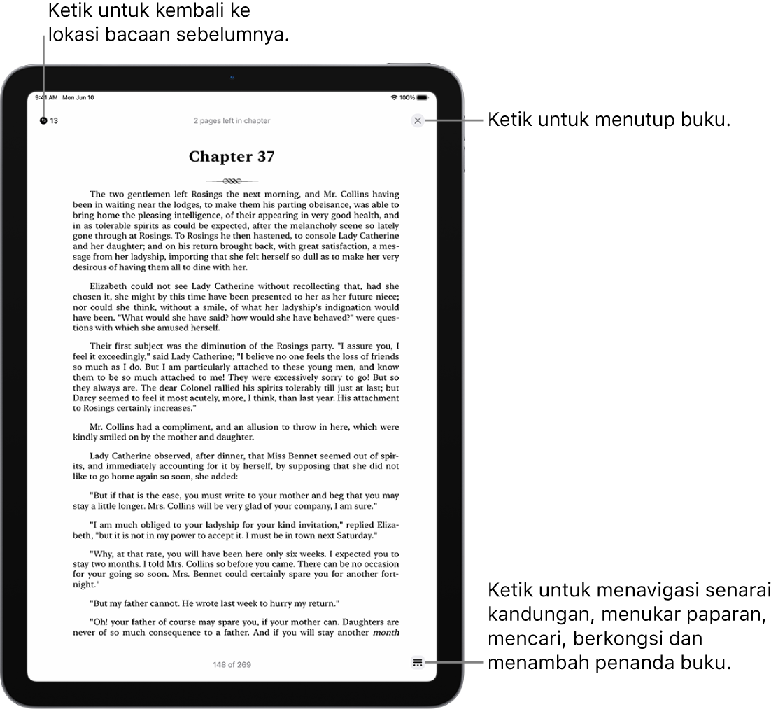 Halaman buku dalam app Buku. Di bahagian atas skrin ialah butang untuk kembali ke halaman yang anda mula membaca dan untuk menutup buku. Di bahagian kanan bawah skrin ialah butang Menu.