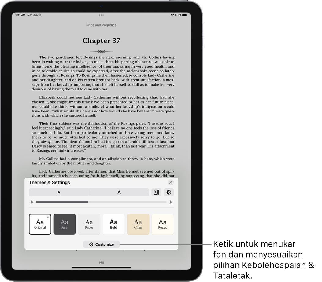 Halaman buku dalam app Buku. Pilihan Tema & Seting menunjukkan kawalan untuk saiz fon, paparan penskrolan, gaya selak halaman, kecerahan dan gaya fon.