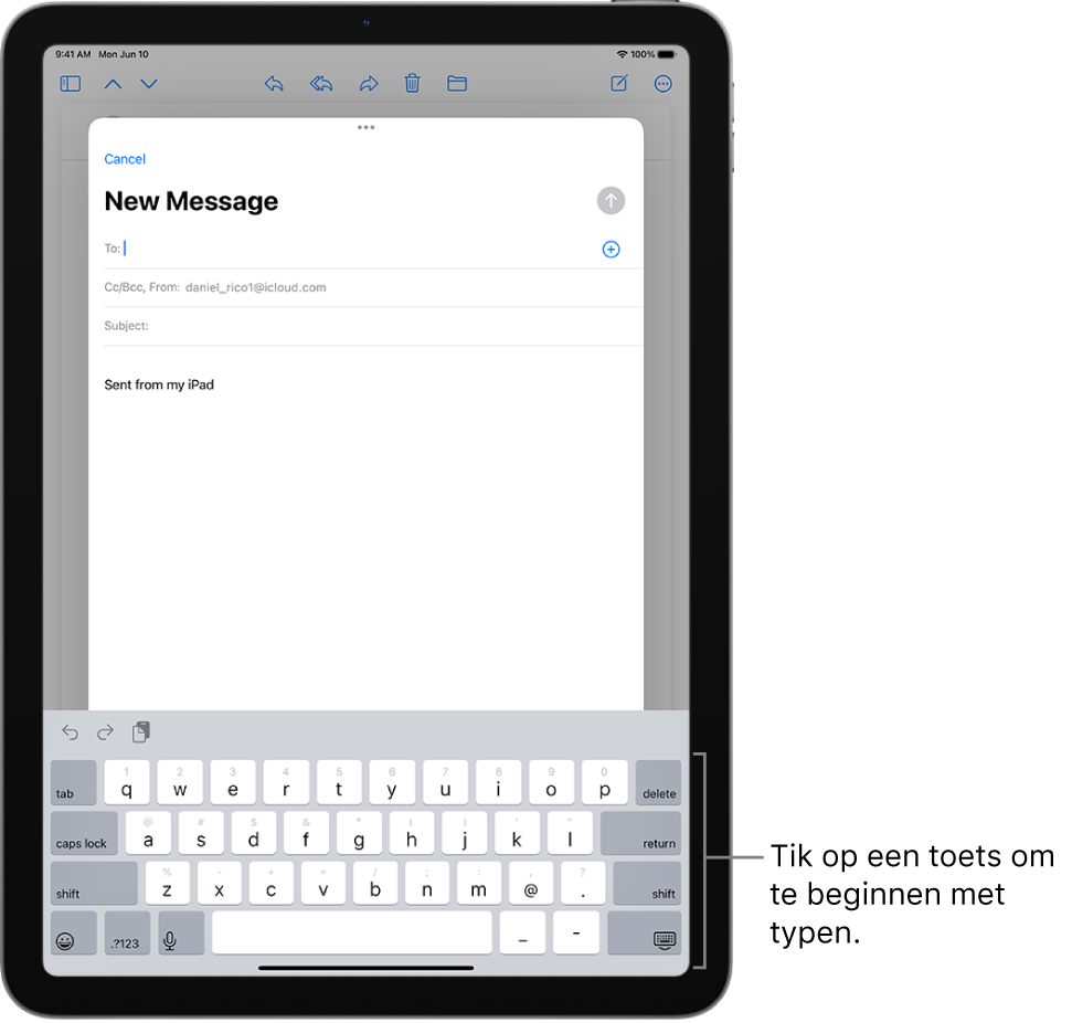 Een lege e‑mail is open in de Mail-app. In de onderste helft van het scherm staat het schermtoetsenbord.