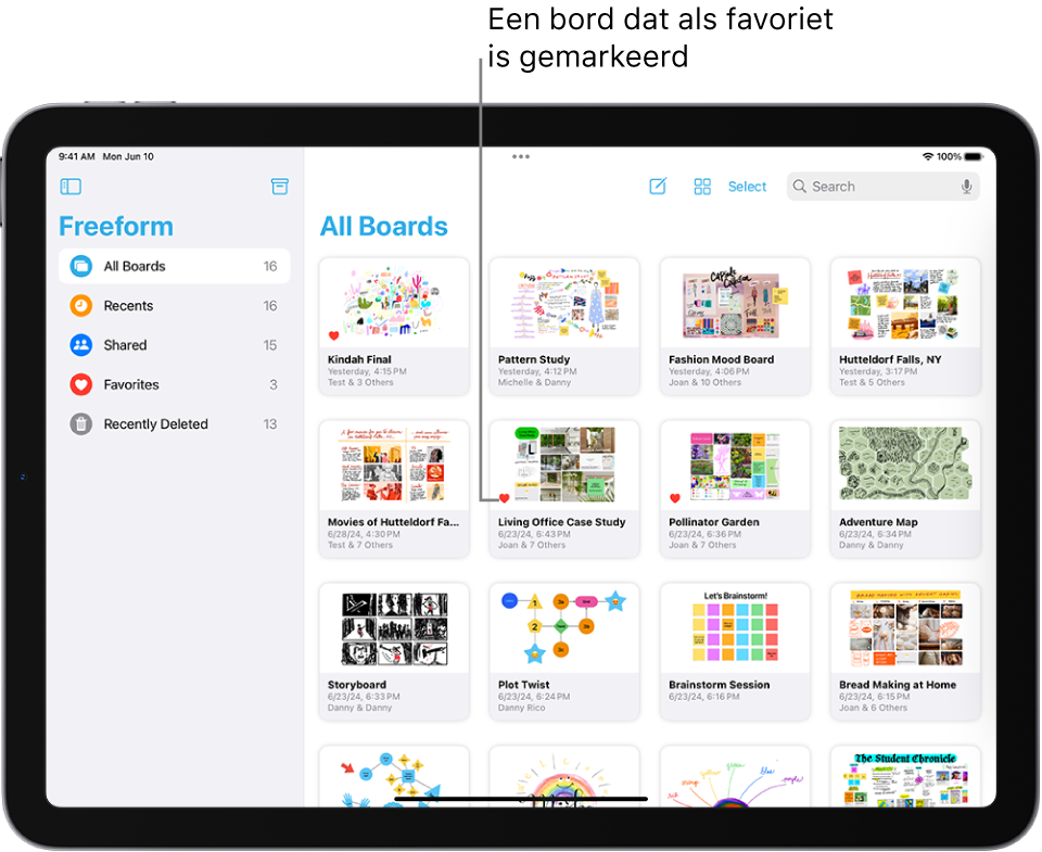 Freeform is geopend op een iPad. 'Alle borden' is geselecteerd in de navigatiekolom en aan de rechterkant staan bordminiaturen.