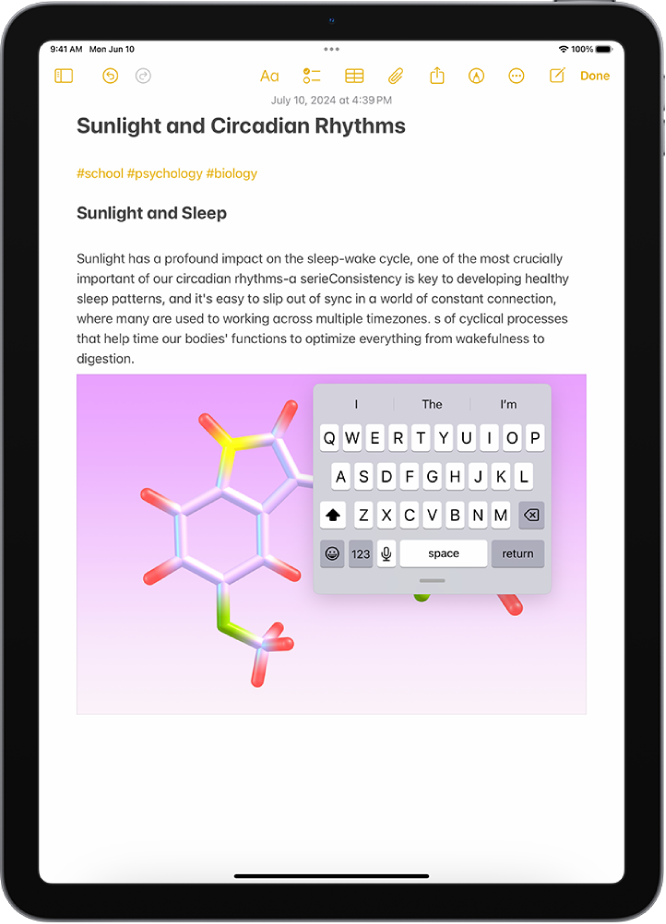 Een notitie is open in de Notities-app. Het schermtoetsenbord is klein en zweeft in de rechterbovenhoek van het scherm.