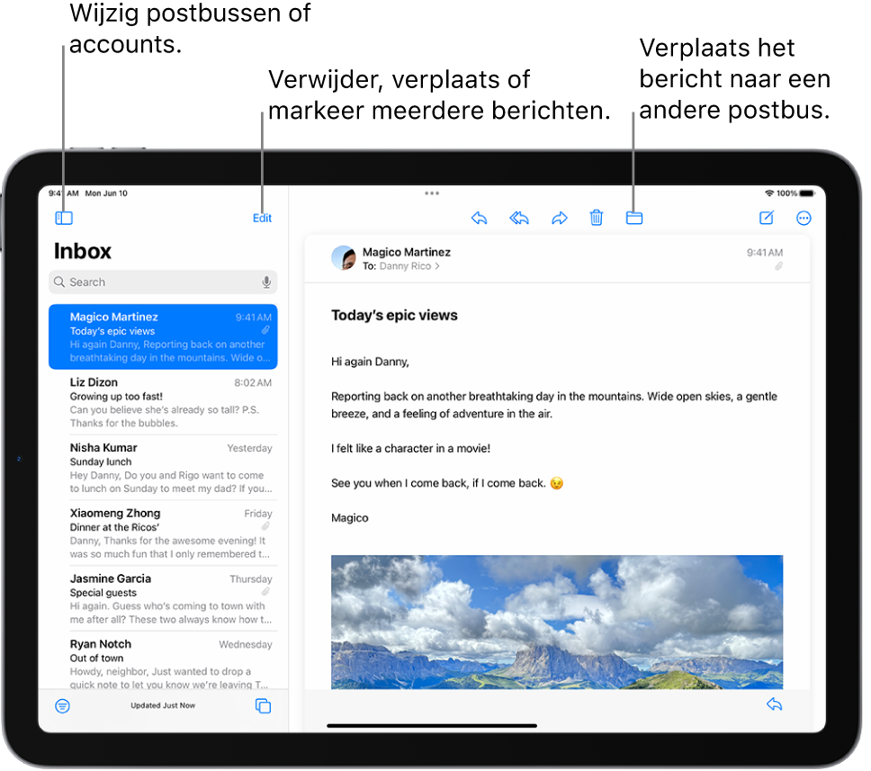 De postbus 'Inkomend' van Mail, met links een lijst met e‑mails en rechts een geopend bericht.