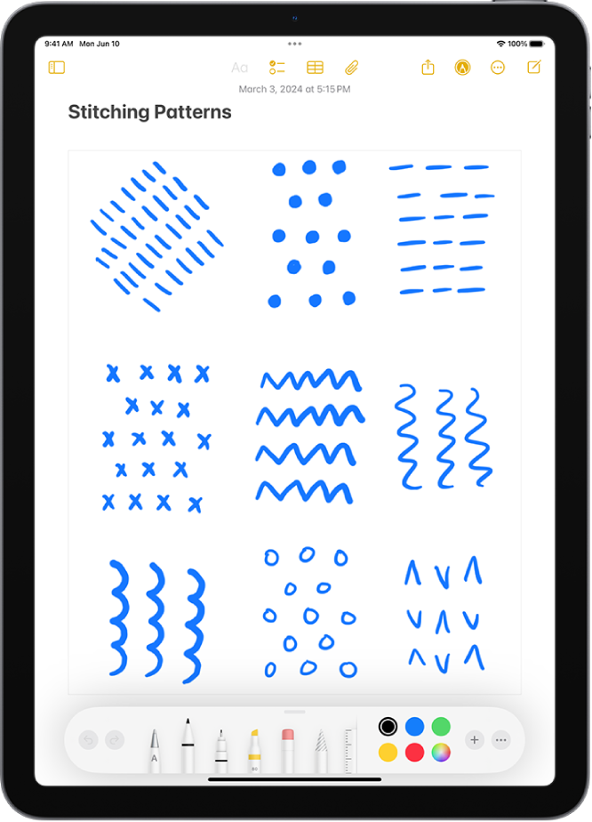 Een notitie is open in de Notities-app. Onder in het scherm is de markeringsknoppenbalk open. De markeringsfuncties zijn van links naar rechts: pen, continue lijn, markeerstift, gum, lasso, liniaal en potlood, met daarnaast kleurknoppen, de toevoegknop en de knop 'Meer'.