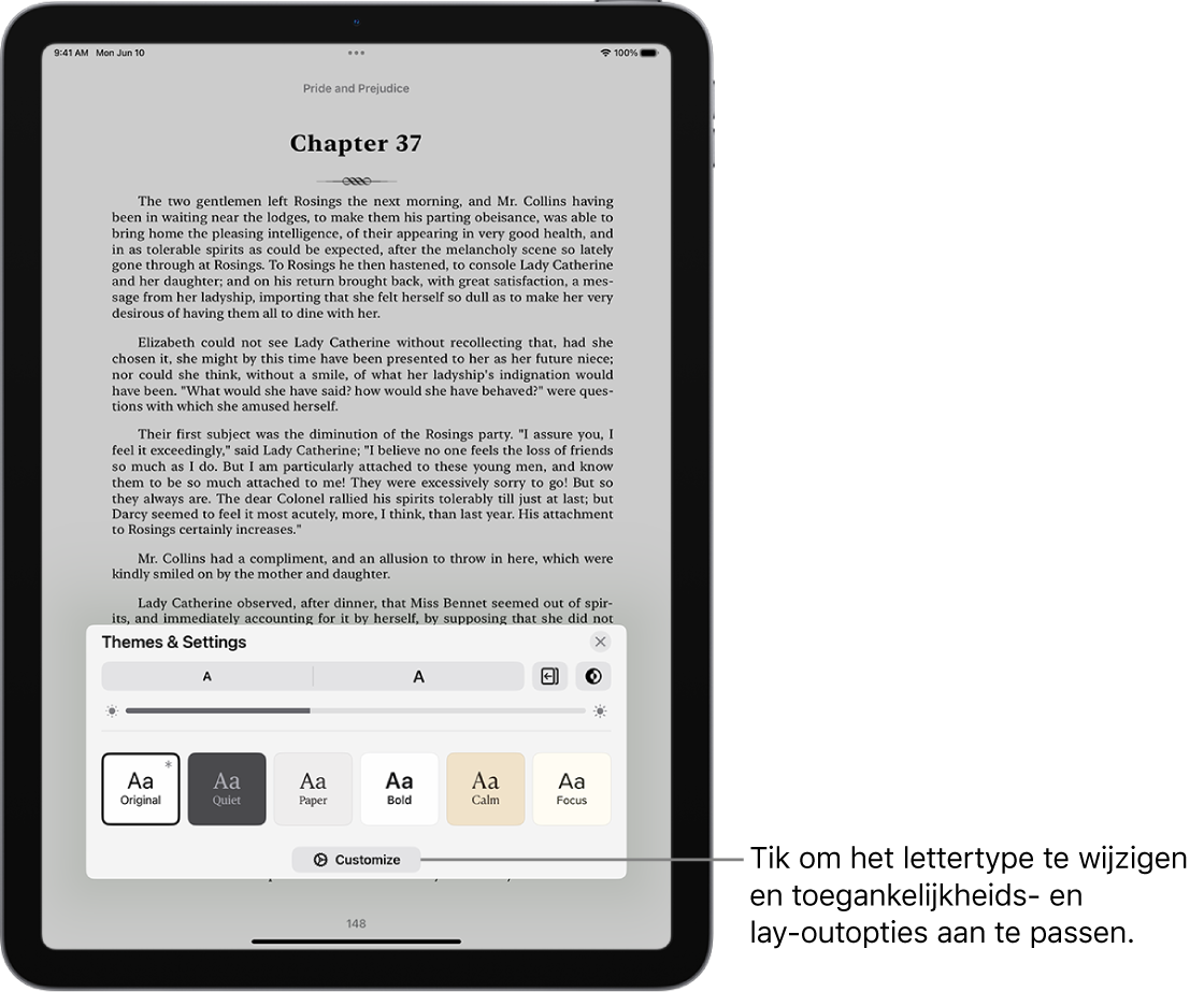 Een pagina van een boek in de Boeken-app. De opties van 'Thema's en instellingen', met regelaars voor de lettergrootte, de schuifweergave, de stijl voor het omslaan van pagina's, de helderheid en lettertypestijlen.