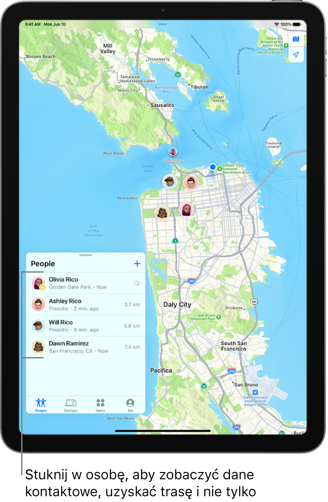 Lista Osoby w aplikacji Znajdź. Na liście widoczne są cztery osoby: Adela Ryszka, Oliwia Ryszka, Dagna Sojka i Wiktor Ryszka. Ich położenie jest wyświetlane na mapie San Francisco.