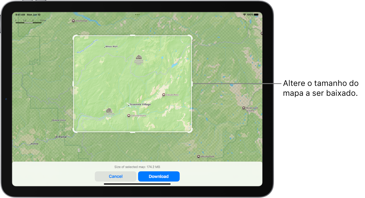 iPad com o mapa de um parque nacional. O parque está emoldurado por um retângulo com puxadores, que podem ser movidos para alterar o tamanho do mapa a ser baixado. O tamanho do download do mapa selecionado é indicado perto da parte inferior do mapa. Os botões Cancelar e Baixar estão na parte inferior da tela.