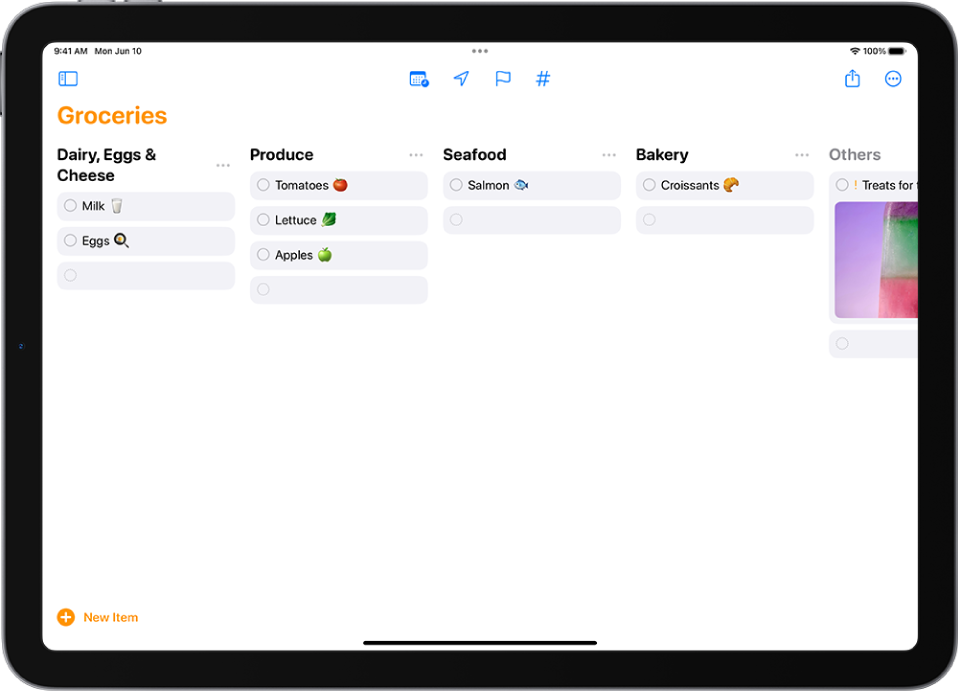 App Lembretes, mostrando uma lista de compras com as categorias organizadas em colunas.