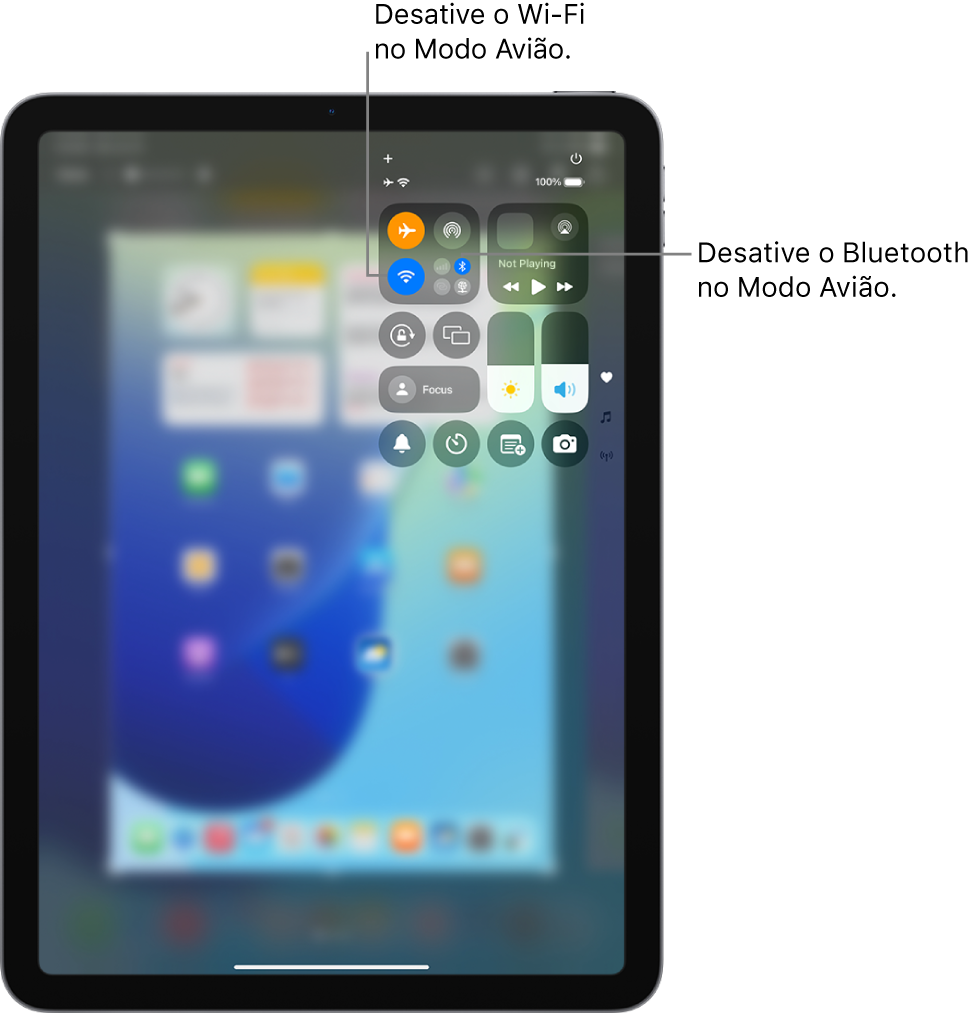 Central de Controle do iPad mostrando o modo avião ativado. Os botões para desativar o Wi‑Fi e o Bluetooth estão no canto superior esquerdo da Central de Controle. Toque no ícone do Bluetooth para desativar o Bluetooth no Modo Avião. Toque no ícone do Wi-Fi para desativar o Wi-Fi no Modo Avião.