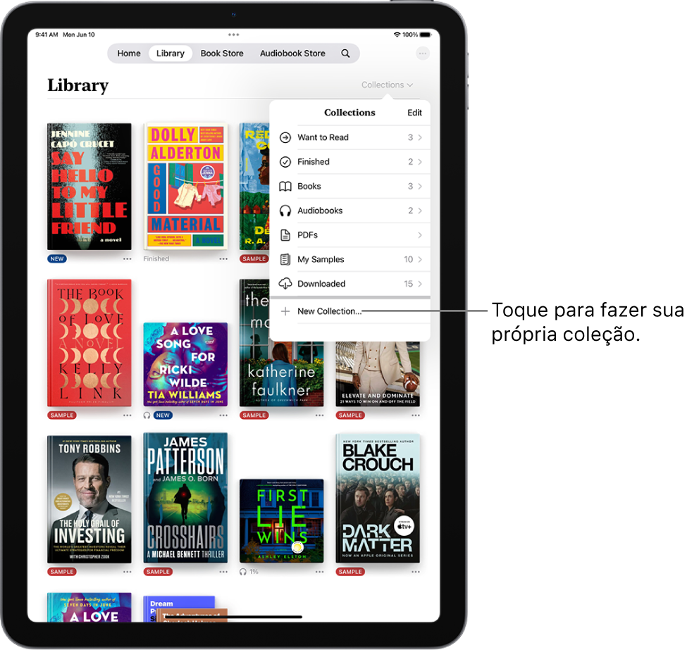 Tela Biblioteca no app Livros. Na parte superior da tela, o menu Coleções está aberto e mostra opções como Audiolivros e PDFs.