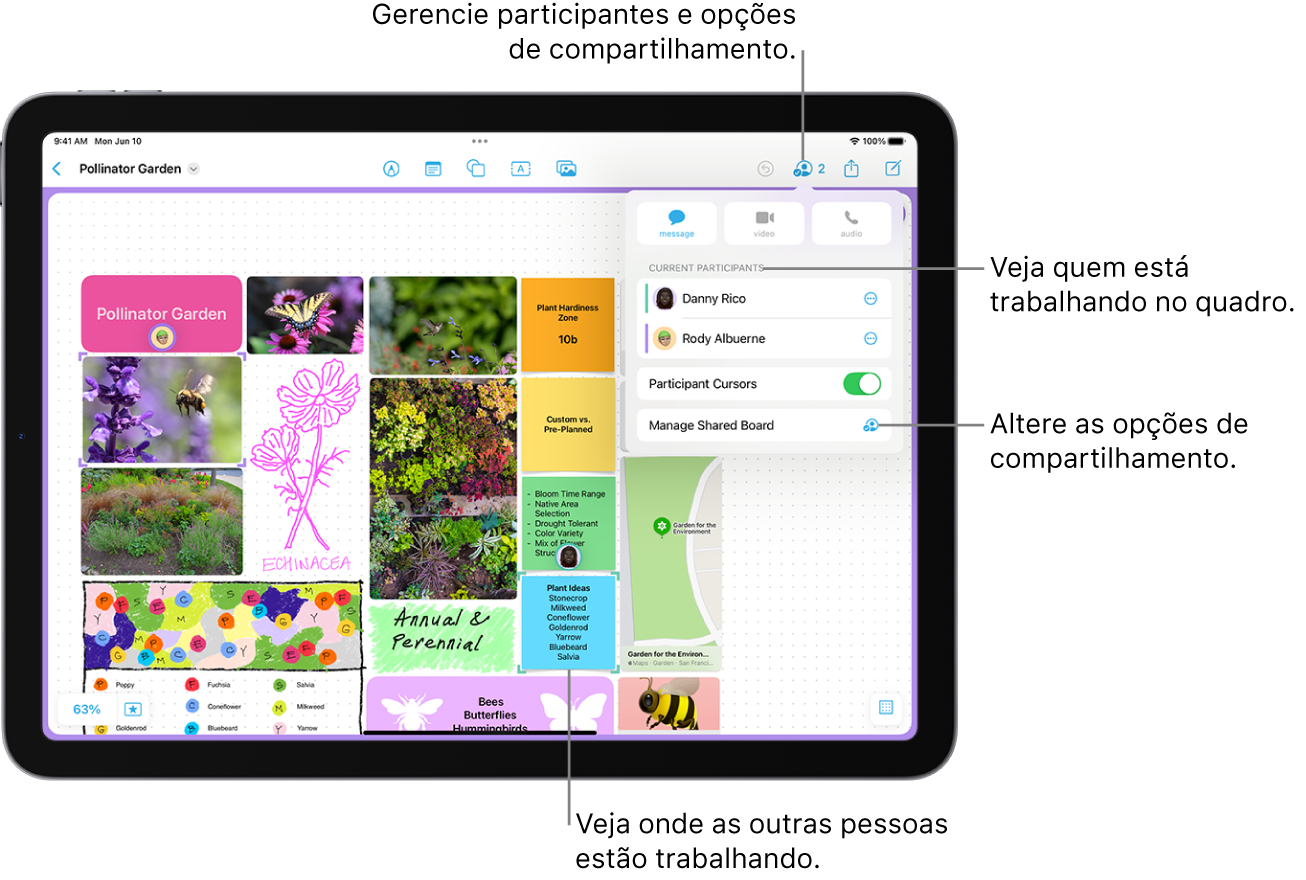 Um quadro compartilhado do Freeform no iPad com o menu de colaboração aberto e a localização de outro participante no quadro marcado com tiques roxos.